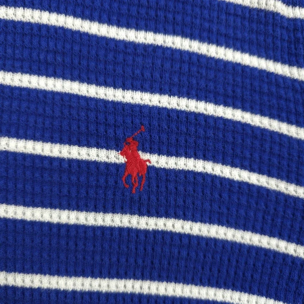 Vintage Polo Ralph Lauren Hoodie Mens L Blue Striped Thermal Henley Pony Logo